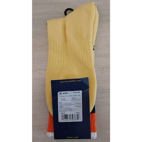 Polo Ralph Lauren Mens Cotton Crew Socks Signature Yellow Navy Striped Sz 10-13 - Picture 2 of 9